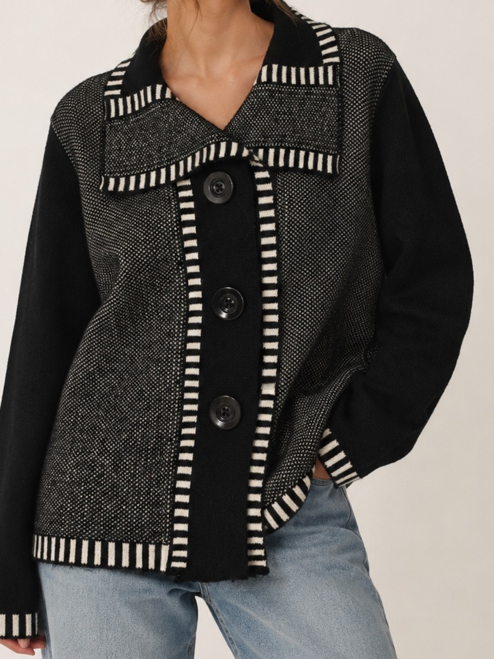 Black & Gray Button-Up Knit Jacket with Stripe Trim